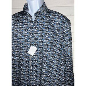 NWT Poggianti 1958 Sz XL Classic Cars Print L/S Casual Dress Shirt Blue Cotton